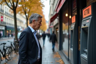 Homme d'affaires devant un ATM hors service à Paris
