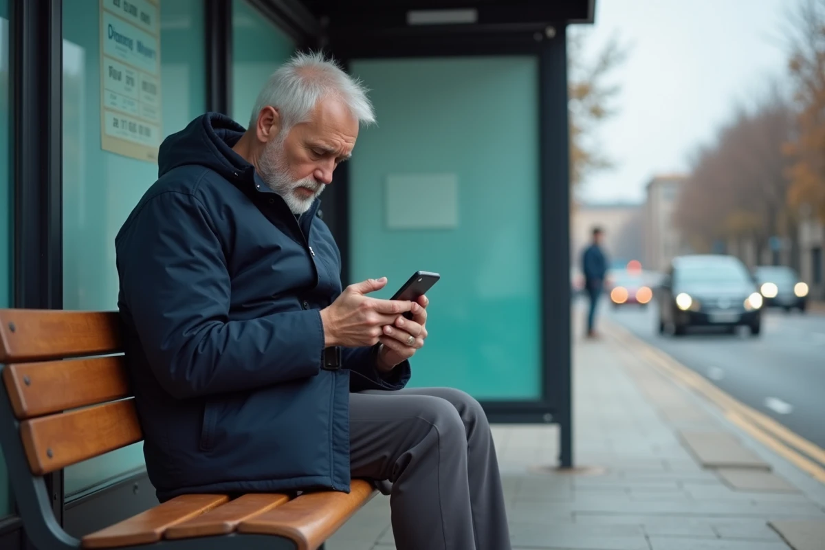 Homme assis au arrêt de bus avec smartphone dans la main