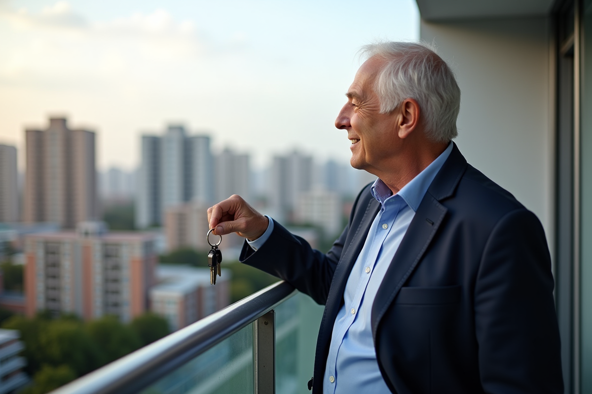 Homme avec clés regardant un quartier urbain