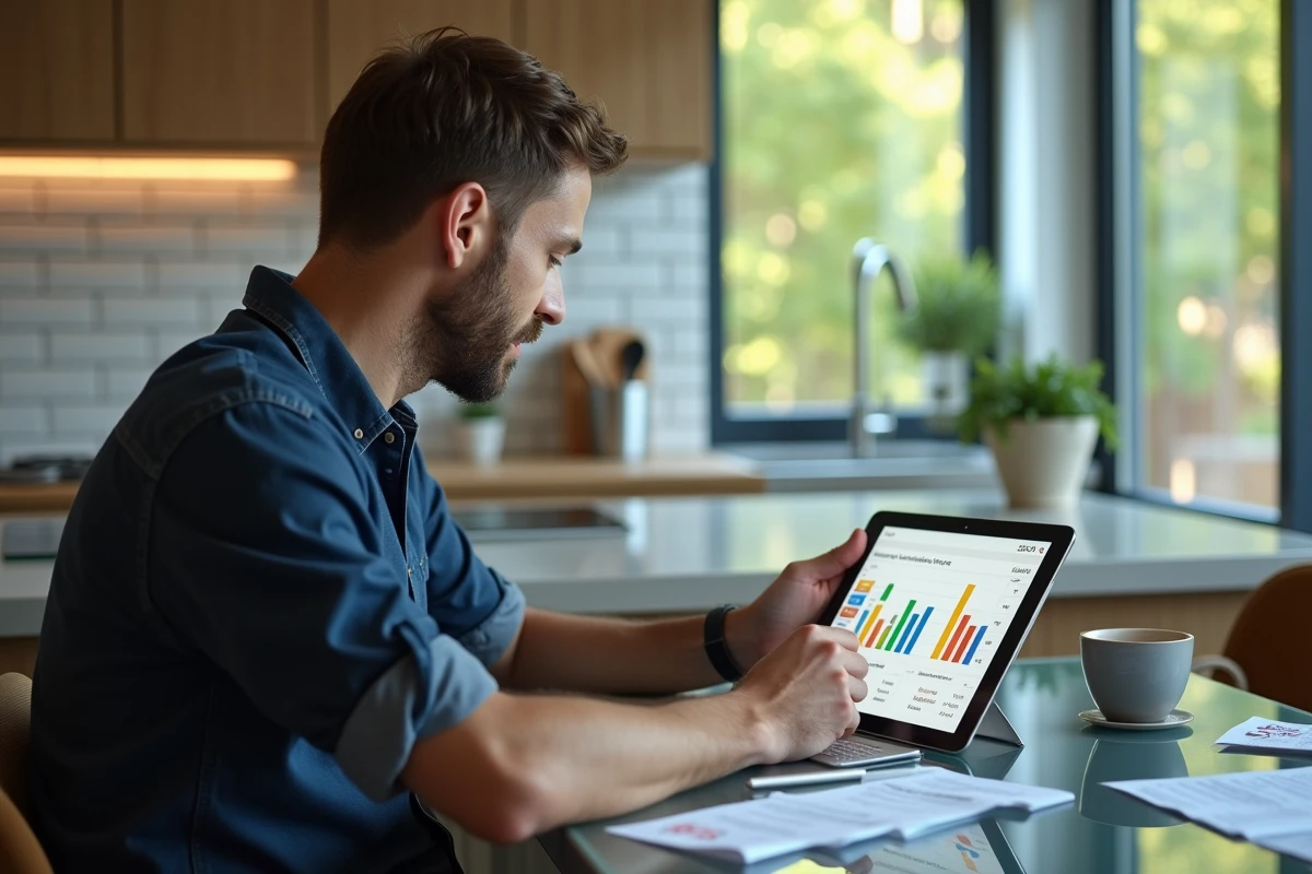 Homme gérant son budget mensuel automatisé sur une tablette dans une cuisine moderne avec tableau de dépenses