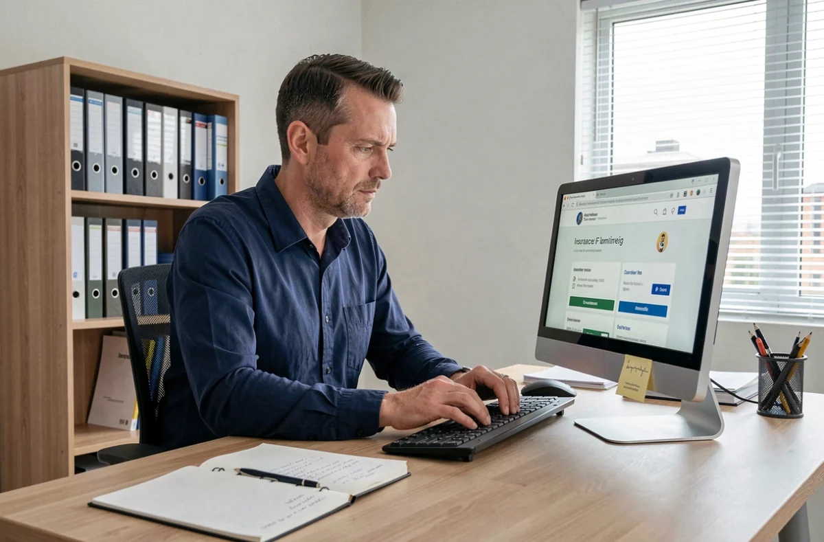 Homme comparant des offres d'assurance en ligne depuis son bureau à domicile