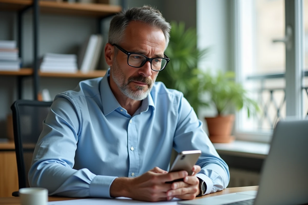 Homme d age au bureau à domicile avec smartphone