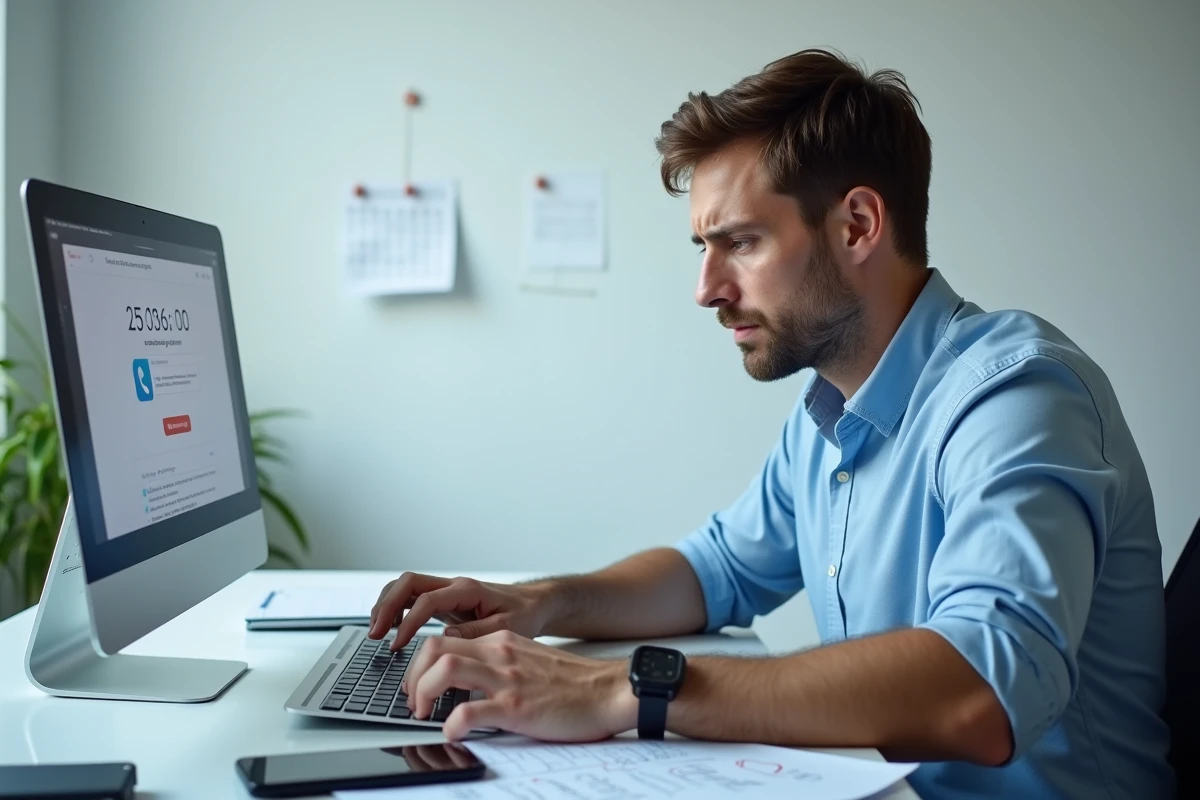 Homme au bureau consultant les horaires et coûts d'appel du service client ECA Assurance sur son ordinateur
