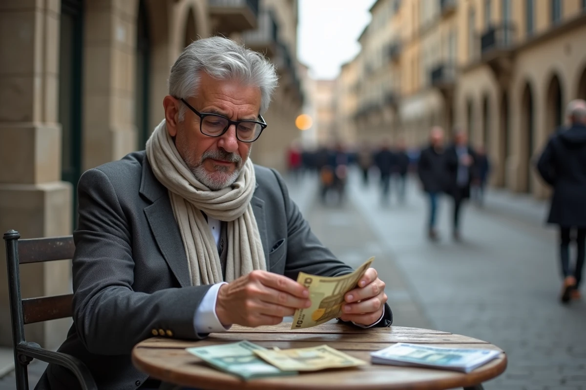 Homme comptant des billets dans un café en ville