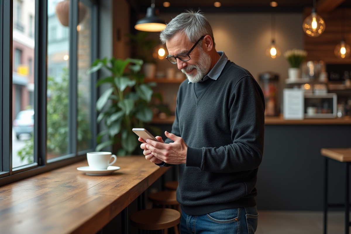 Homme au café vérifiant une transaction digitale