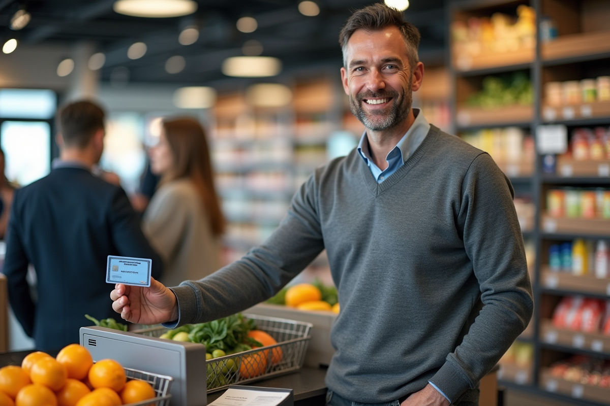 Homme payant avec sa carte American Express au supermarché
