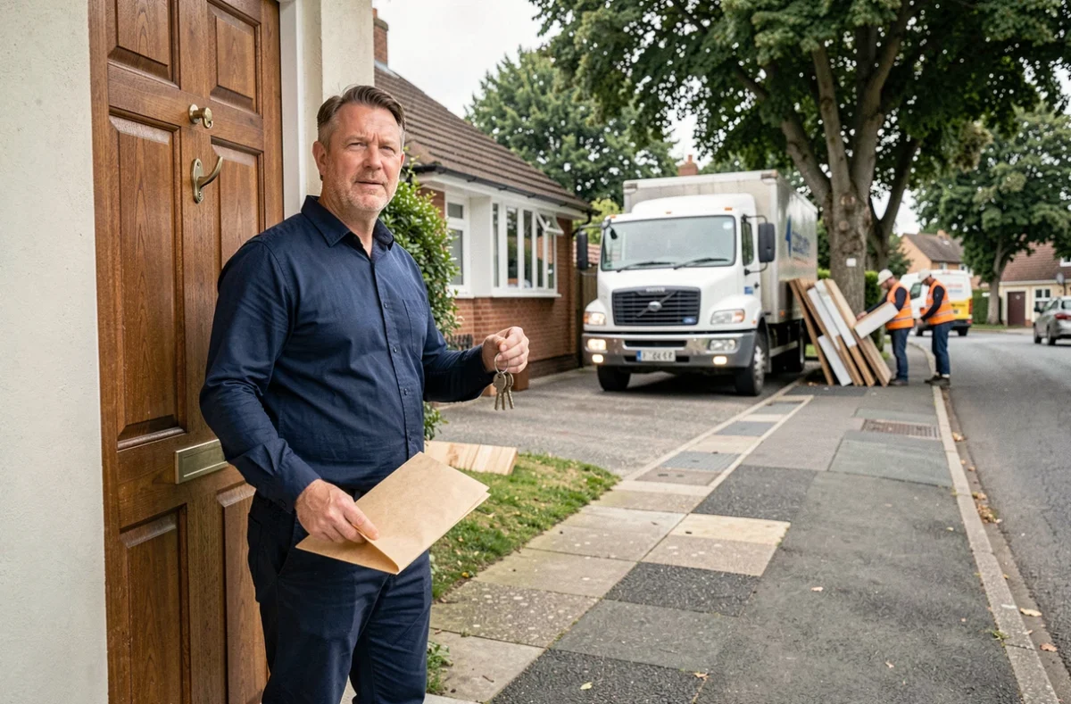 Homme tenant des clés et une enveloppe devant sa maison avec un camion de déménagement en arrière-plan
