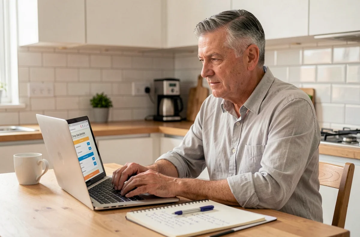 Homme comparant des assurances emprunteur en ligne sur son ordinateur portable depuis sa cuisine, démarche permise par la loi Hamon