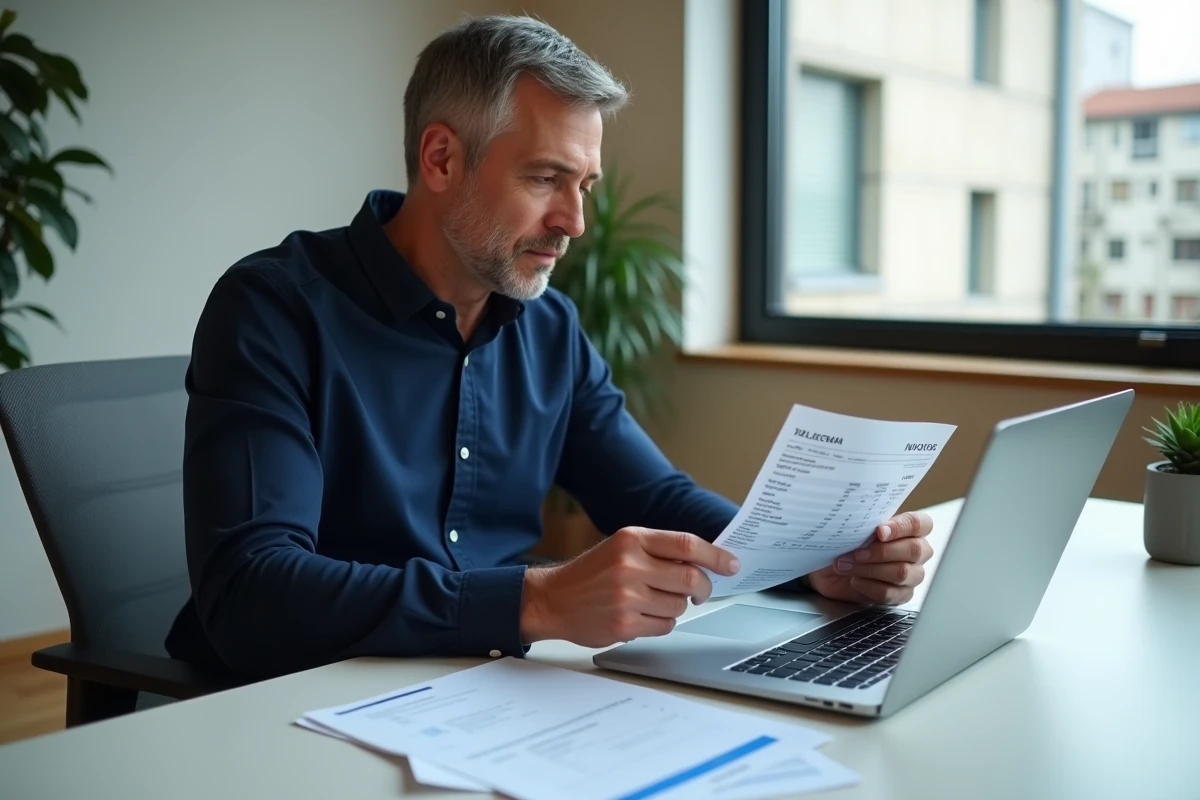 Homme comparant une facture Free numérique et papier dans un bureau à domicile moderne