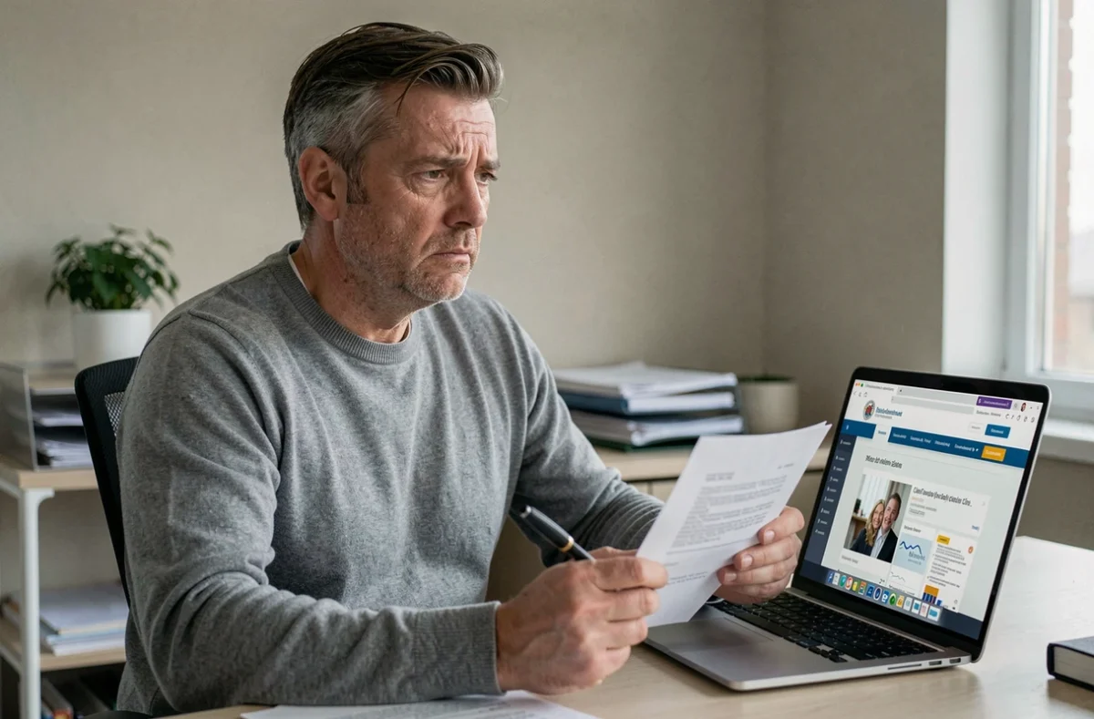 Homme consultant le site de la CAF sur un ordinateur portable pour déclarer ses revenus de placement