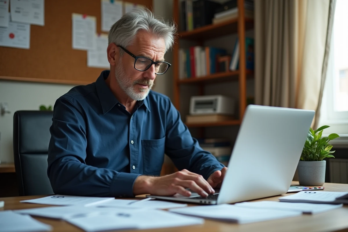 Homme consultant ses documents CAF et son compte bancaire en ligne sur ordinateur portable