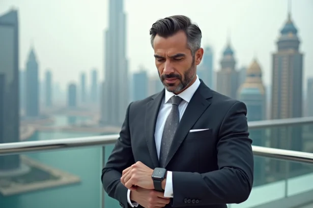 Homme d'affaires à Dubaï regardant sa smartwatch