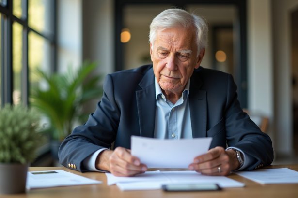 Homme âgé en blazer bleu examine des documents de prêt immobilier