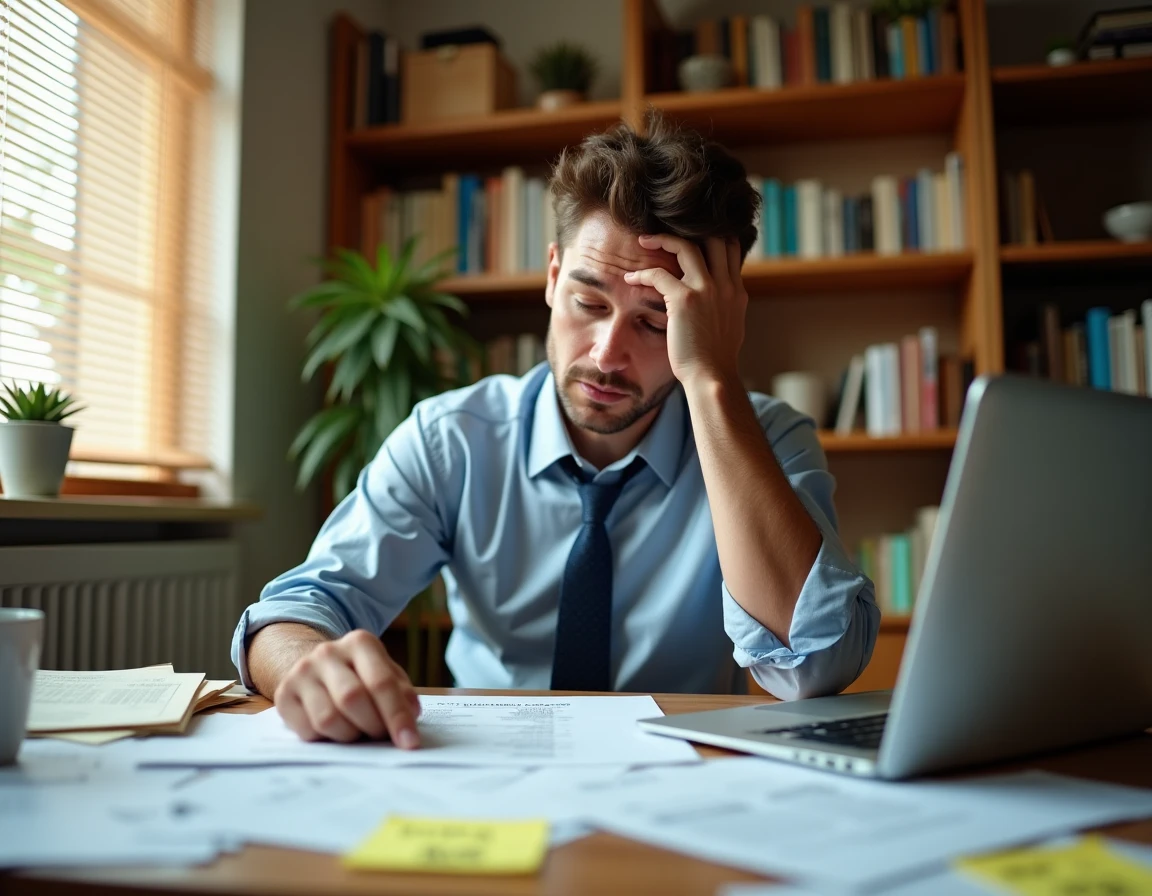 Homme dépassé entouré de relevés bancaires et documents de crédit dans un bureau à domicile