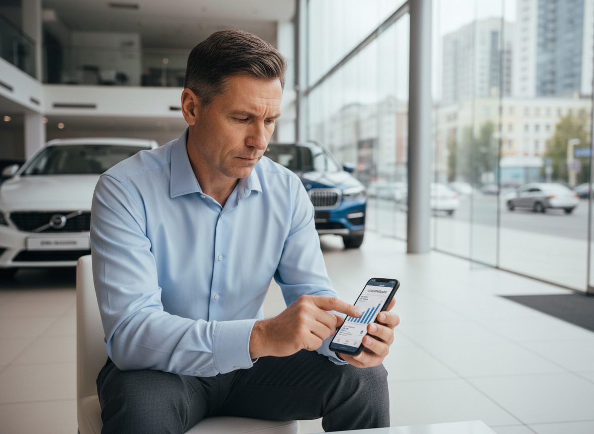 Homme d affaires examine prêt auto dans un showroom moderne