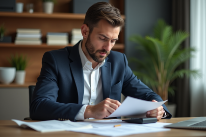 Homme d'affaires en suit examinant des documents financiers