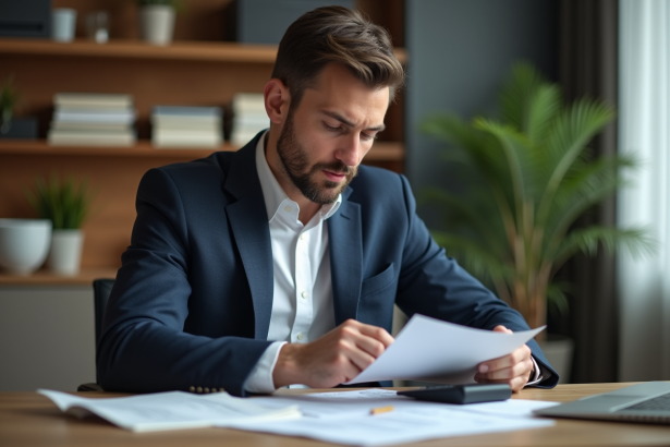 Homme d'affaires en suit examinant des documents financiers