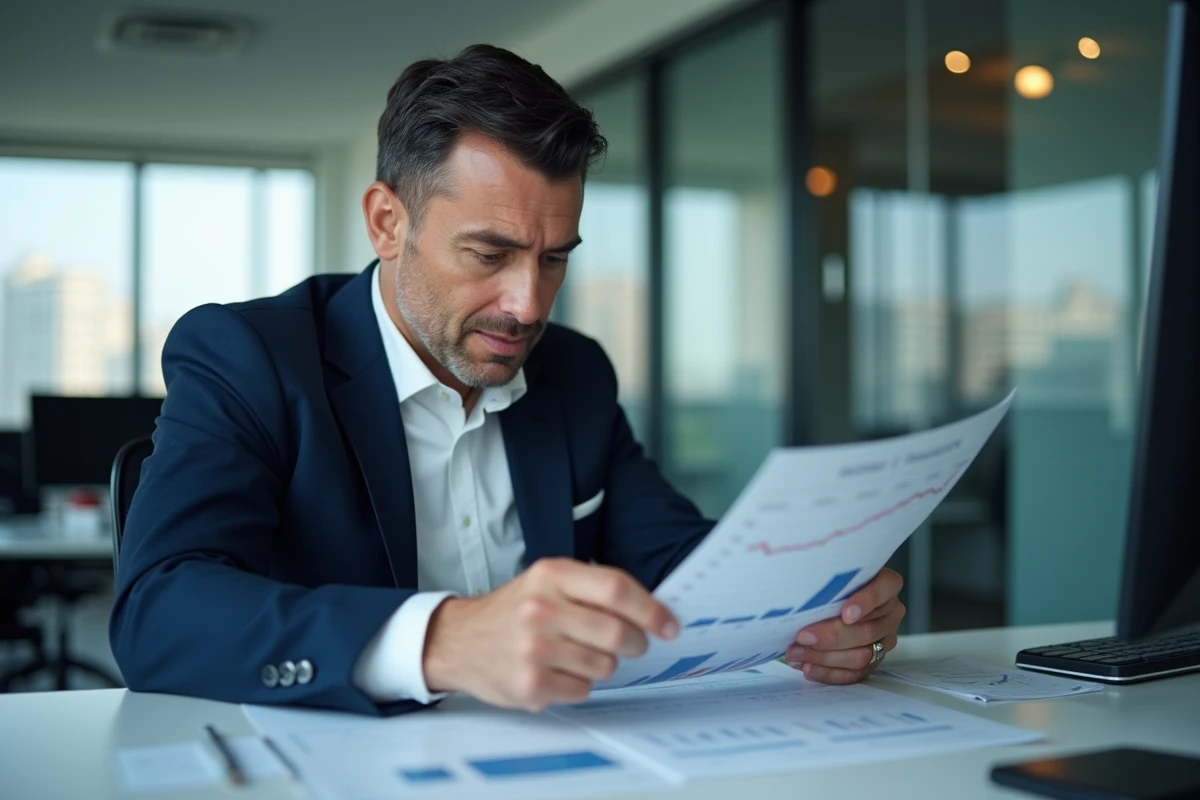 Homme d'affaires examine des graphiques financiers dans un bureau moderne