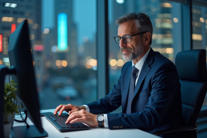 Homme d'affaires en costume analysant des graphiques financiers