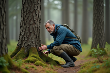 Homme d'âge moyen dans la forêt examine un pin