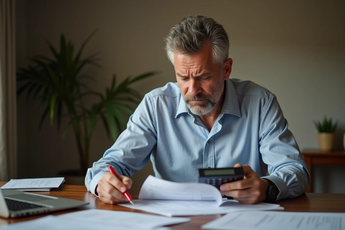 Homme d'affaires anxieux vérifiant sa déclaration fiscale