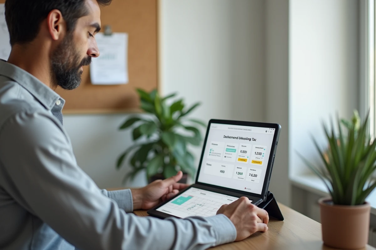 Homme d'affaires gérant un tableau de bord fiscal numérique avec alertes de dates d'acomptes IS sur tablette et ordinateur portable