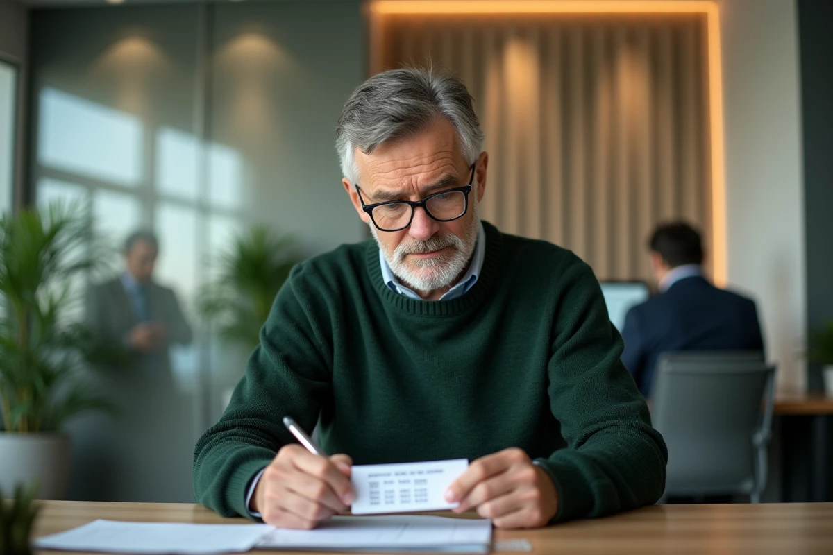 Homme âgé vérifiant ses comptes dans une agence bancaire