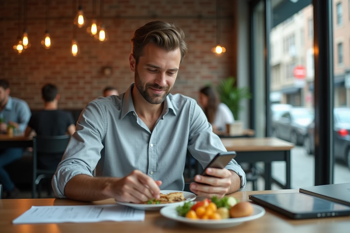 Homme consultant une notice fiscale concernant les frais de repas lors d'une pause déjeuner dans un café urbain