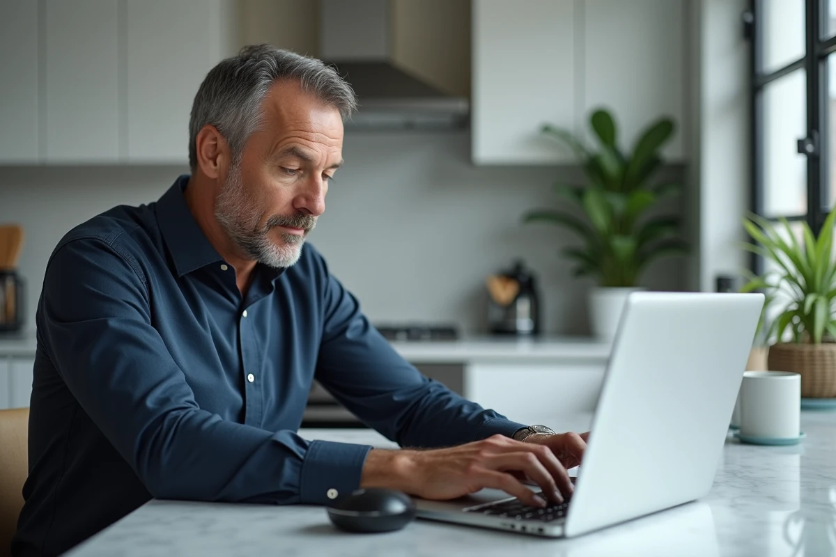 Homme consultant les options de paiement PayPal sur Amazon depuis un ordinateur portable dans une cuisine moderne