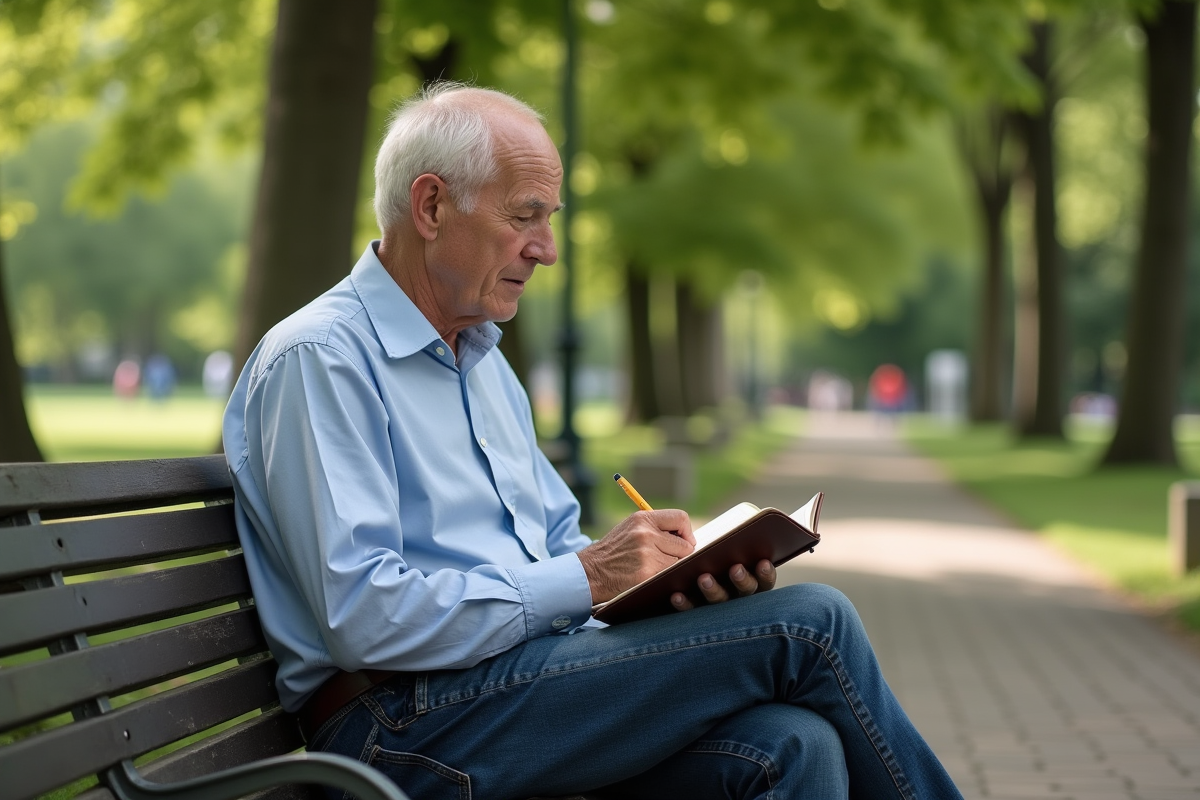 Homme âgé écrit dans un carnet en plein air dans un parc