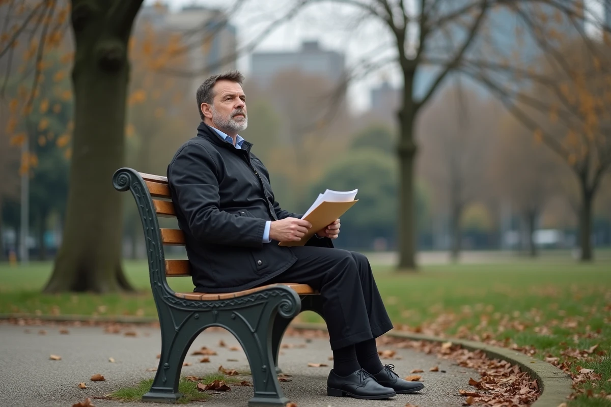 Homme assis sur un banc de parc avec une enveloppe à la main