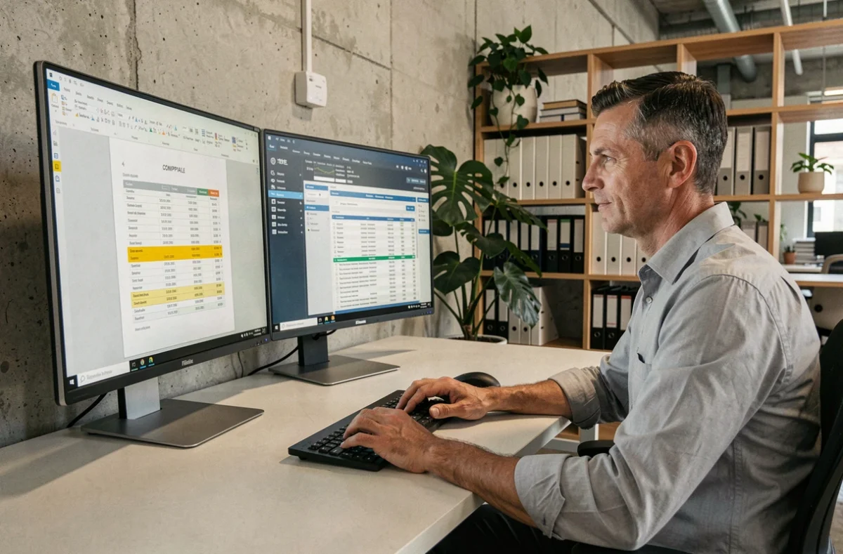 Homme utilisant un plan comptable PDF sur double écran dans un espace de coworking pour optimiser sa gestion comptable