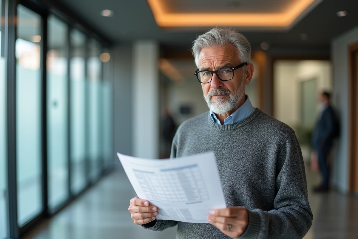 Homme en agence bancaire consultant un rapport sur les prévisions d'inflation 2026