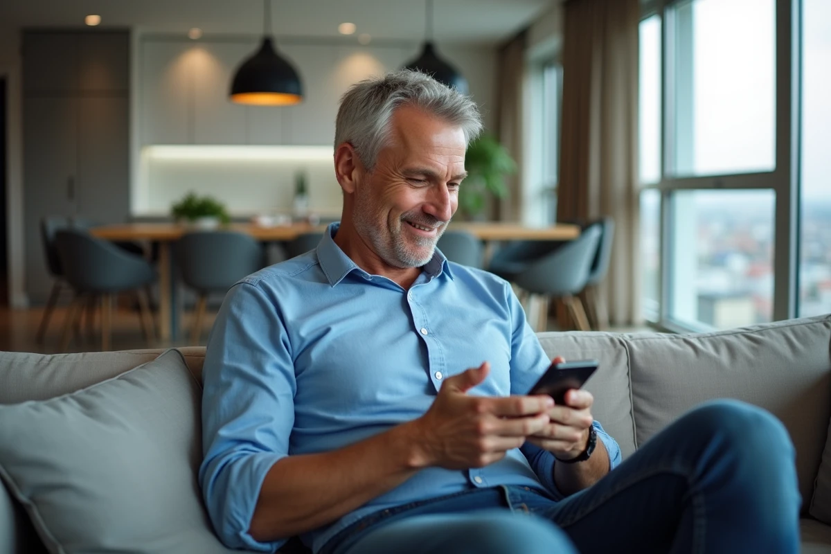Homme détendu regardant son smartphone dans un salon moderne