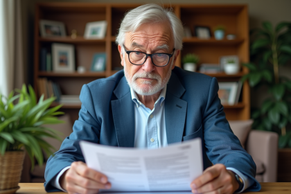 Homme senior en blazer bleu lisant des documents de retraite