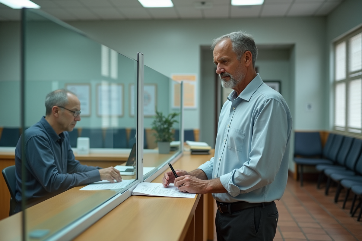 Homme au guichet administratif avec documents officiels