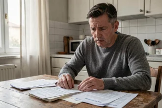 Homme stressé examinant des lettres bancaires officielles à une table de cuisine, illustrant la réalité de l'interdit bancaire