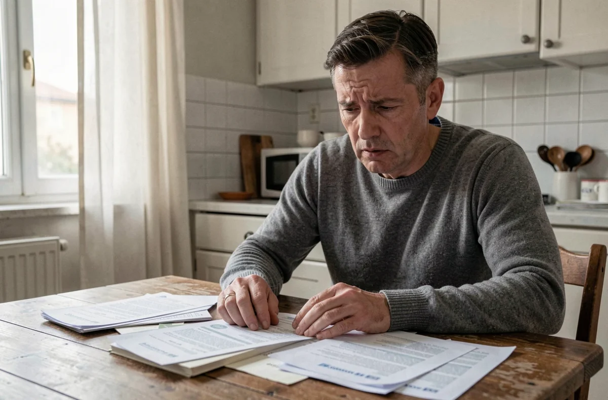 Homme stressé examinant des lettres bancaires officielles à une table de cuisine, illustrant la réalité de l'interdit bancaire