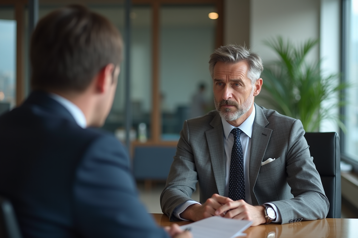 Homme en costume gris analysant des documents dans un bureau professionnel