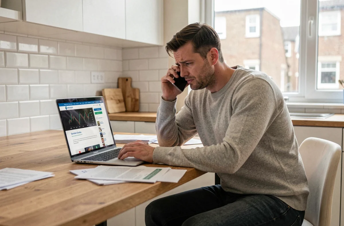 Homme contactant le service client Cofica Bail par téléphone depuis chez lui avec des documents de location éparpillés, représentant les difficultés courantes des clients dans la gestion de leur contrat
