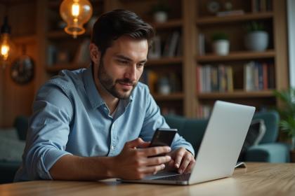 Homme concentré utilisant son smartphone et ordinateur pour une transaction crypto