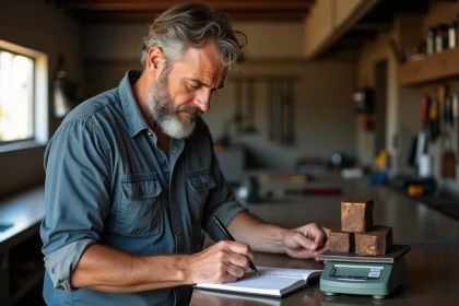 Homme d'âge moyen examine un lingot de bronze dans son atelier