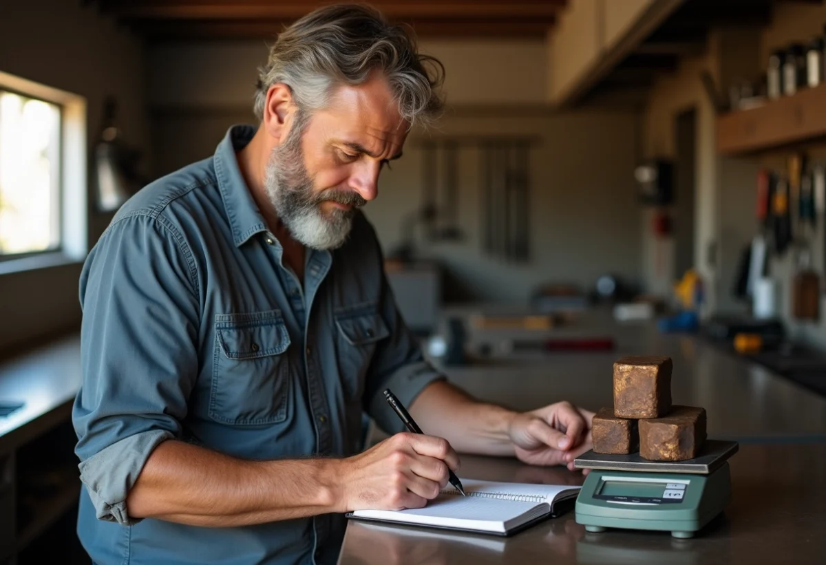 Homme d'âge moyen examine un lingot de bronze dans son atelier