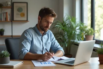 Homme en tenue décontractée travaillant à son bureau à domicile