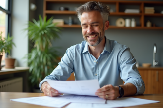Homme d affaires dans sa cuisine en train de revoir des papiers