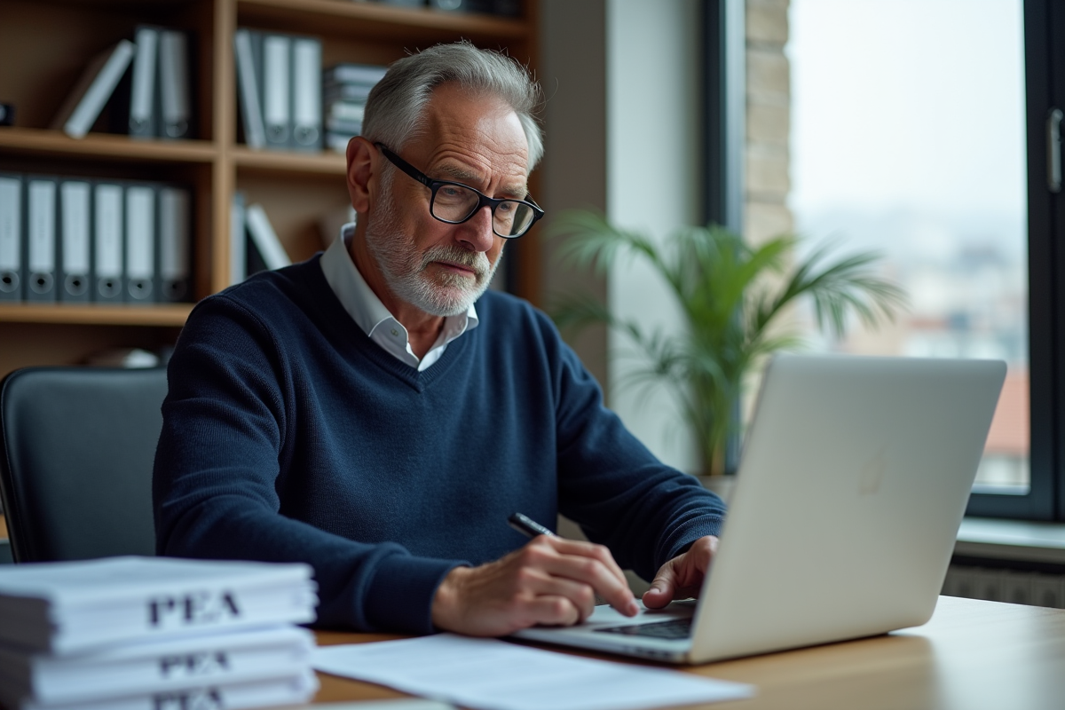 Homme en bureau examine contrats PEA et capitalisation