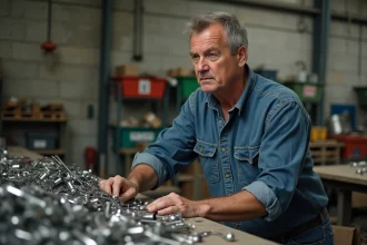 Homme d'âge moyen triant des métaux dans un centre de recyclage