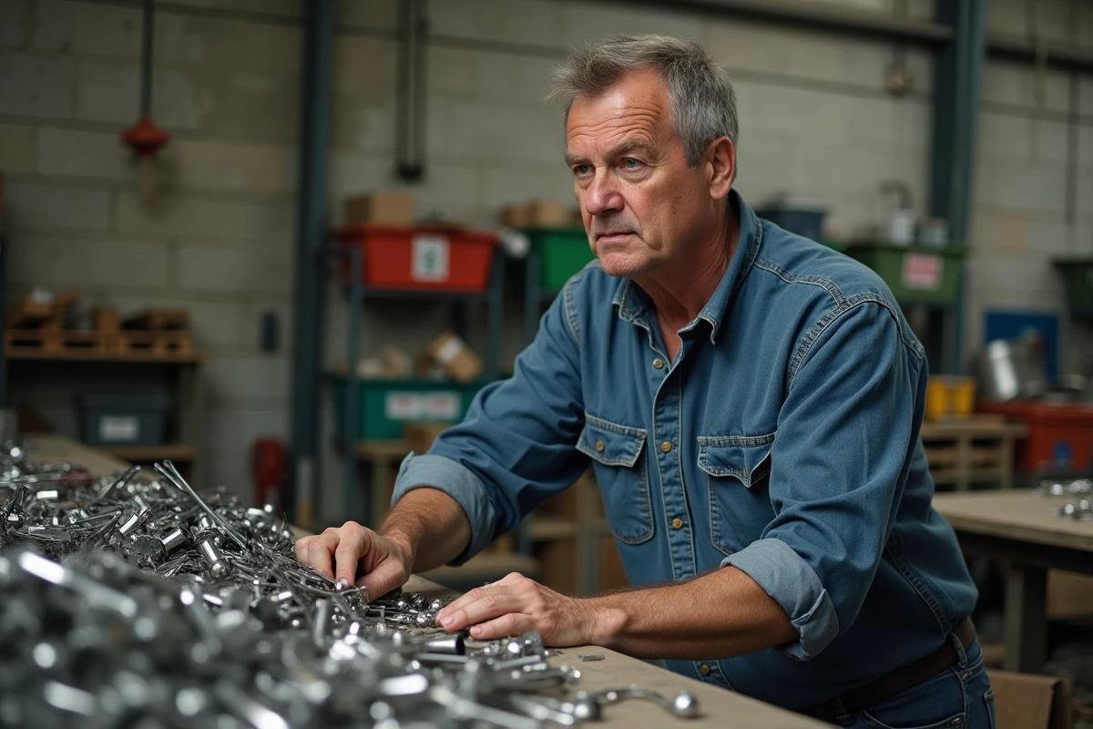 Homme d'âge moyen triant des métaux dans un centre de recyclage