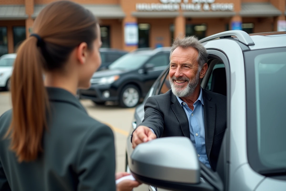 Homme présentant bon dans sa voiture au drive
