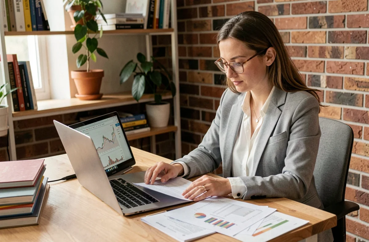 Travailleuse indépendante analysant sa trésorerie sur ordinateur portable dans un bureau à domicile moderne